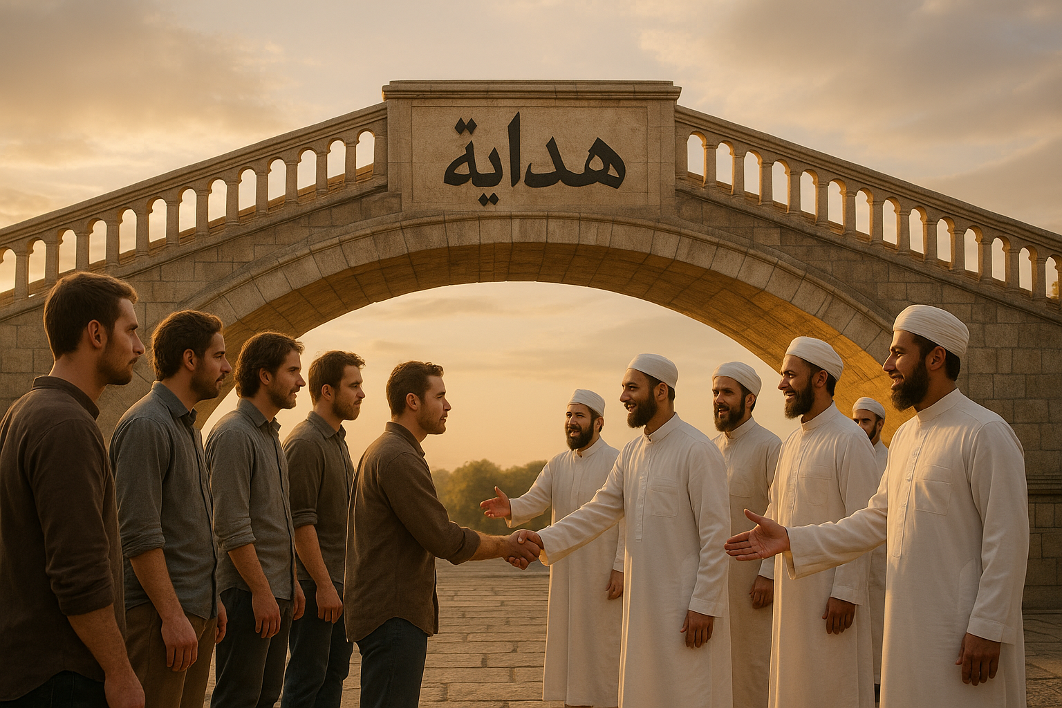 Group of Muslims reaching out to handshake a group of non-Muslims